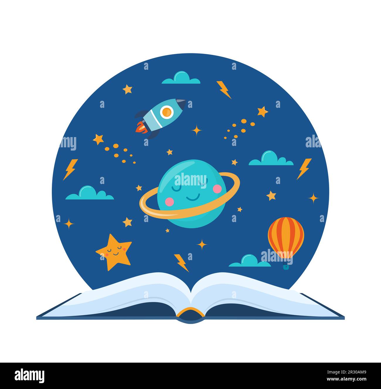 Open book and space elements. rocket, star, cloud, aerostat