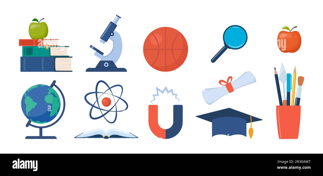 School, science and education icons. Microscope, atom, books, globe basketball. Back to