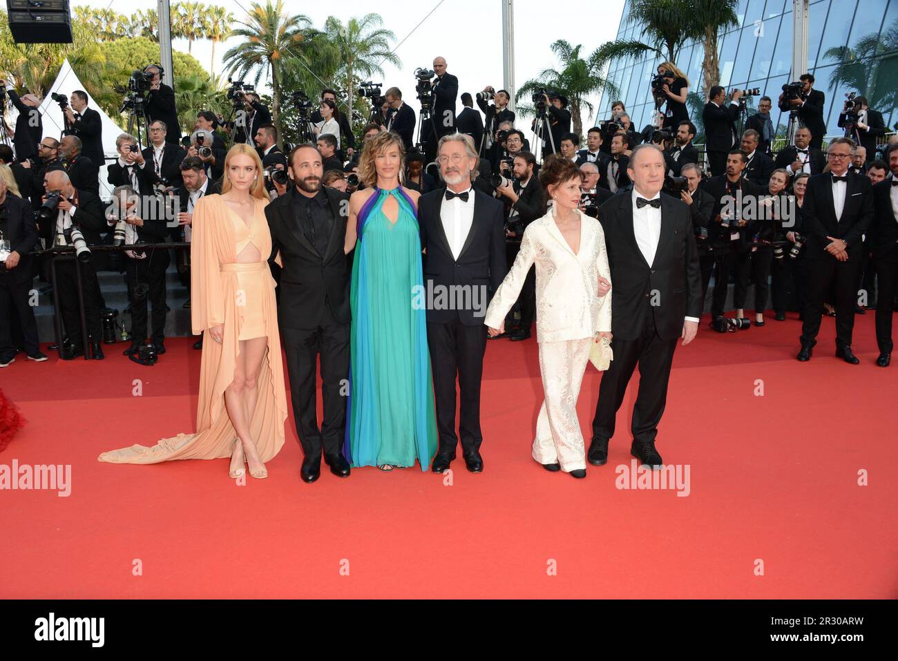 May 21, 2023, CANNES, France: CANNES, FRANCE - MAY 21: (L to R) Stacy Martin, Vincent Macaigne, CÃ©cile de France, Director Martin Provost, Anouk Grinberg and AndrÃ© Marcon attend the ''Firebrand (Le Jeu De La Reine)'' red carpet during the 76th annual Cannes film festival at Palais des Festivals on May 21, 2023 in Cannes, France. (Credit Image: © Frederick Injimbert/ZUMA Press Wire) EDITORIAL USAGE ONLY! Not for Commercial USAGE! Stock Photo