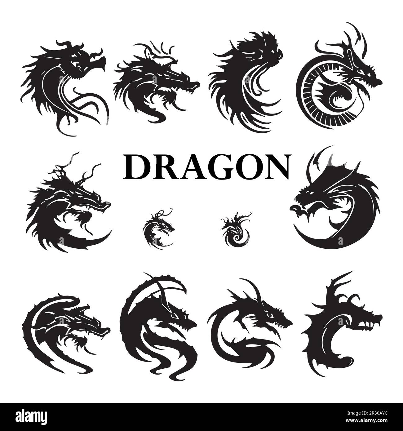 A collection of black dragon vector illustrations. Stock Vector