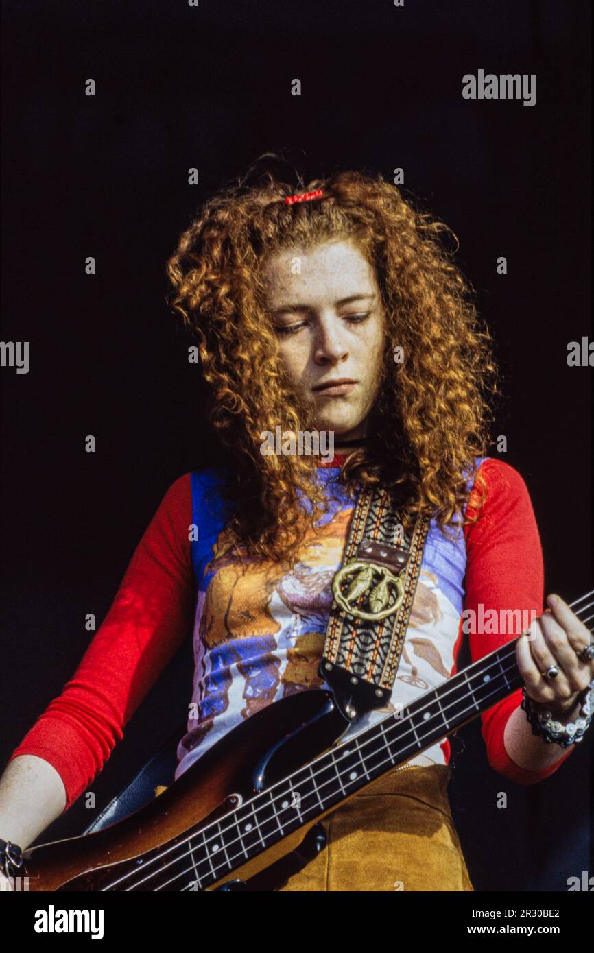 Reading, UK, 26 Aug., 1994: Pictured is Melissa Auf der Maur, bassist for Hole. The band made their Reading Festival debut on Friday, 26 August, 1994. It was front-woman Courtney Love’s first public appearance since the death of husband Curt Kobain five months previously and just two months after the death of Hole’s bassist, Kristen Pfaff, from an overdose. Founded as the National Jazz Festival in 1961, the festival moved to its permanent home at Little John's Farm in Reading in 1971 and is held over the UK’s August bank holiday weekend. Stock Photo