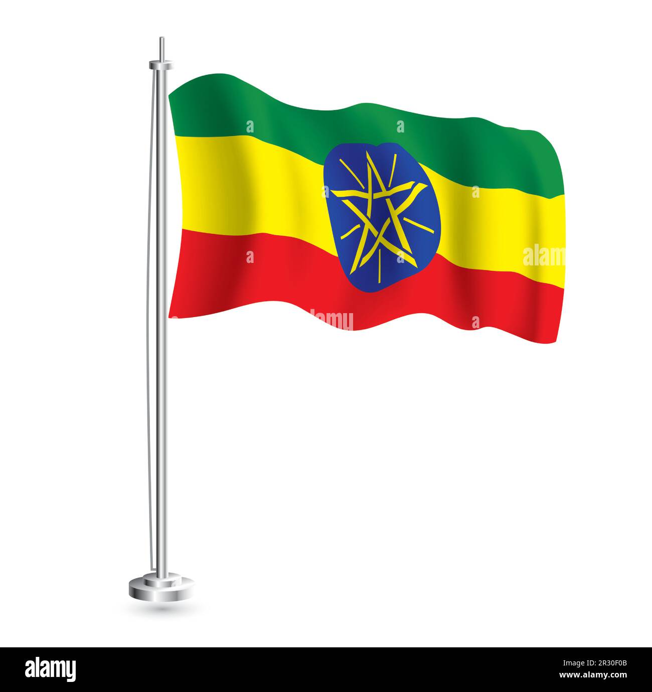 Ethiopian Flag. Isolated Realistic Wave Flag of Ethiopia Country on Flagpole. Vector Illustration. Stock Vector
