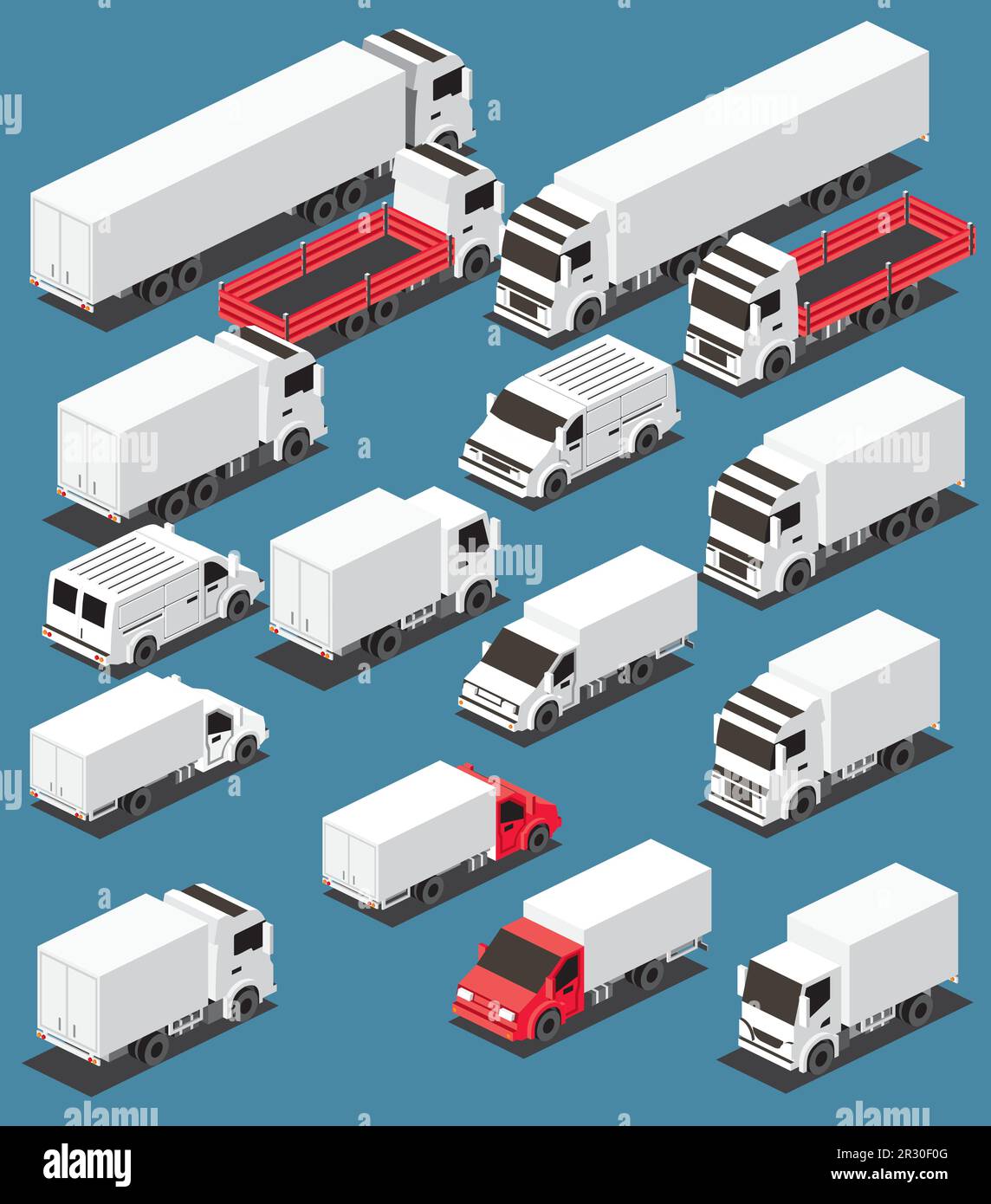 Isometric Cargo Trucks Collection. Commercial Transport Set. Logistics. City Object for Infographics. Vector Illustration. Car for Carriage. Stock Vector