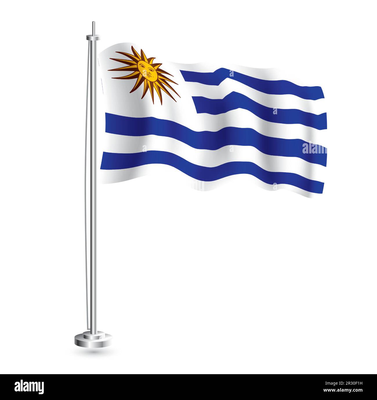 Uruguayan Flag. Isolated Realistic Wave Flag of Uruguay Country on Flagpole. Vector Illustration. Stock Vector