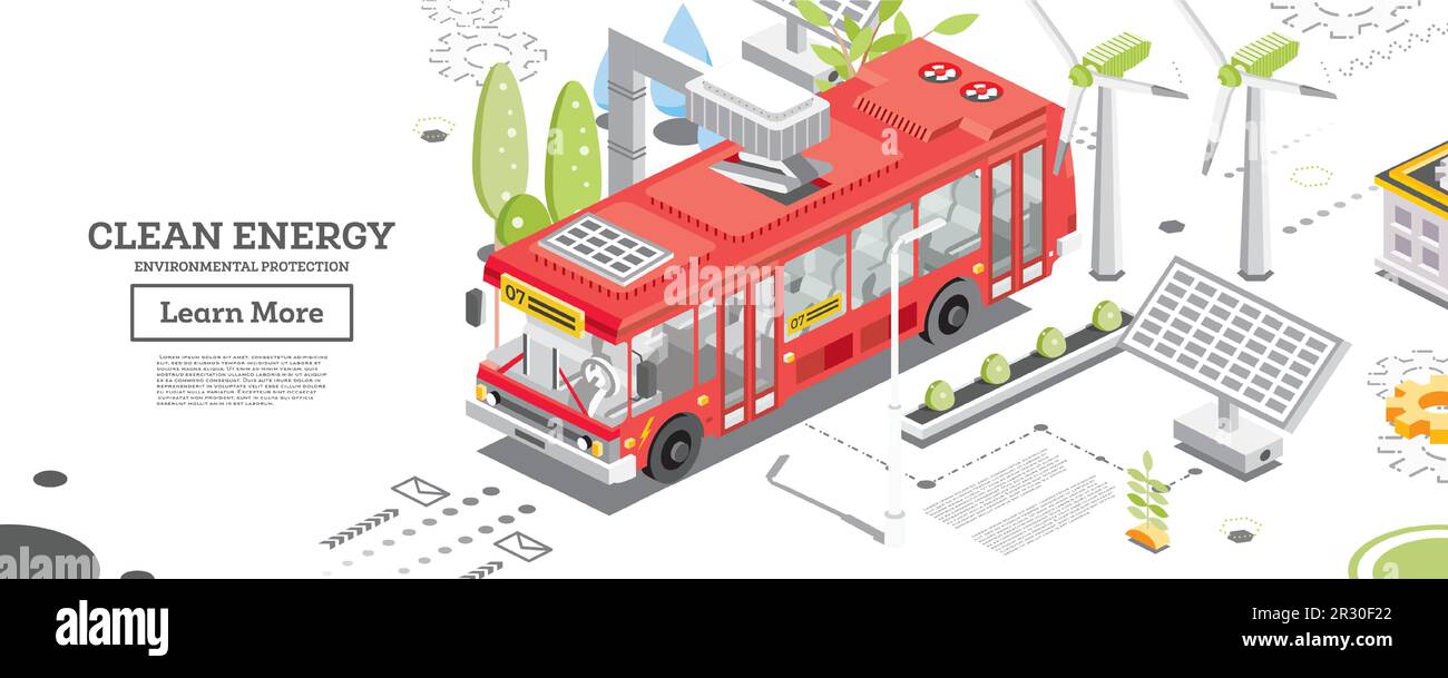Electric Bus with Charging Station. Isometric Concept. Solar Panels and Wind Turbines on a Background. Clean Energy Concept. Ecology Conservation. Stock Vector