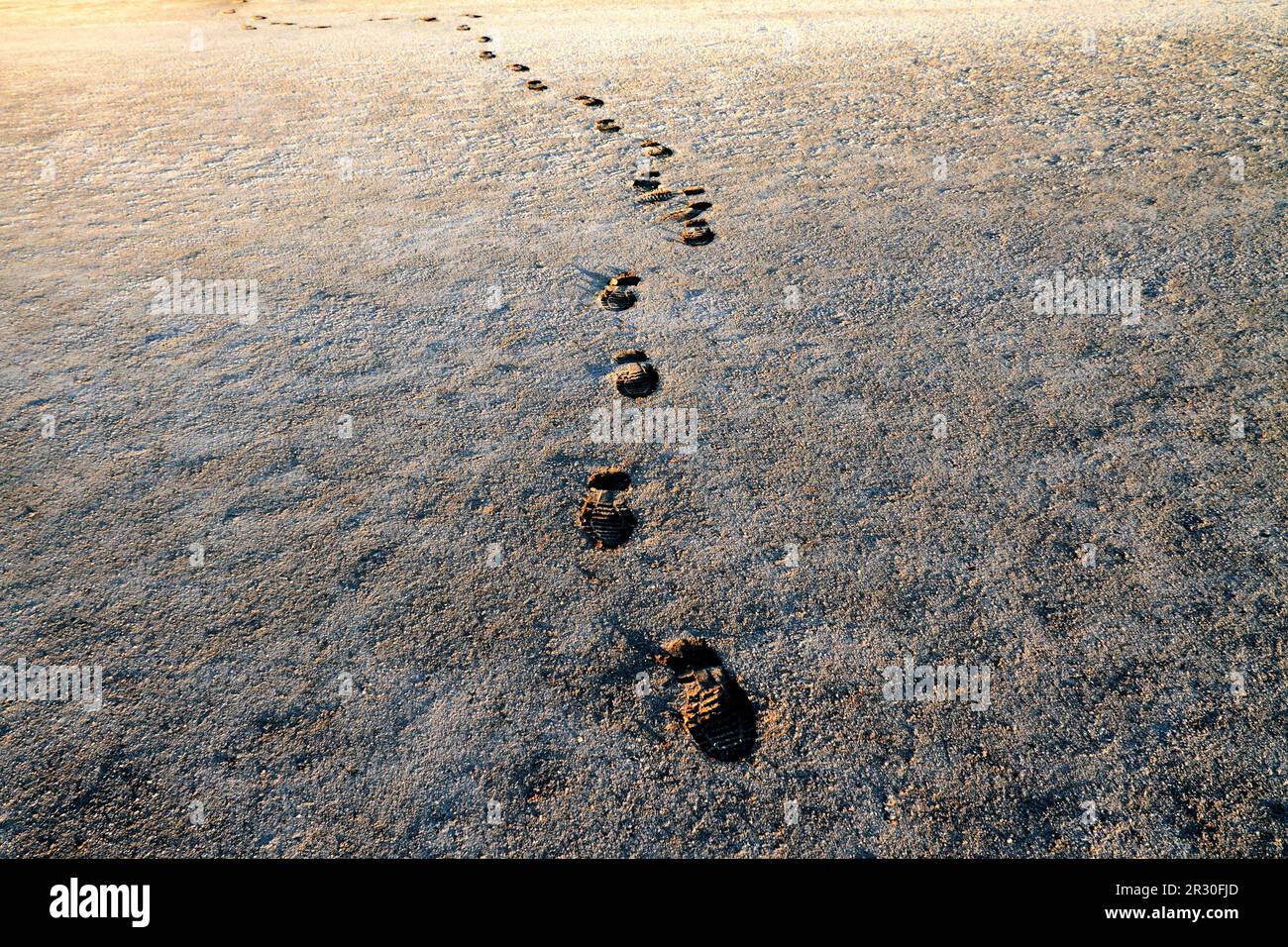Human shoe footprints, Lake Ninan Salt Lake, Victoria Plains, Western Australia Stock Photo