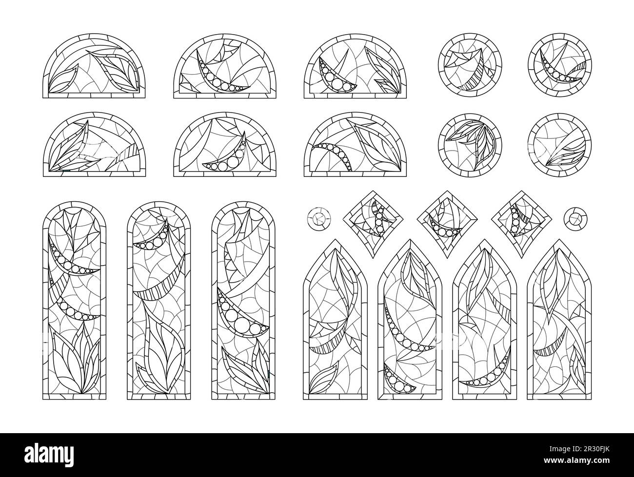Coloring stained glasses. Set of different windows shapes drawing in