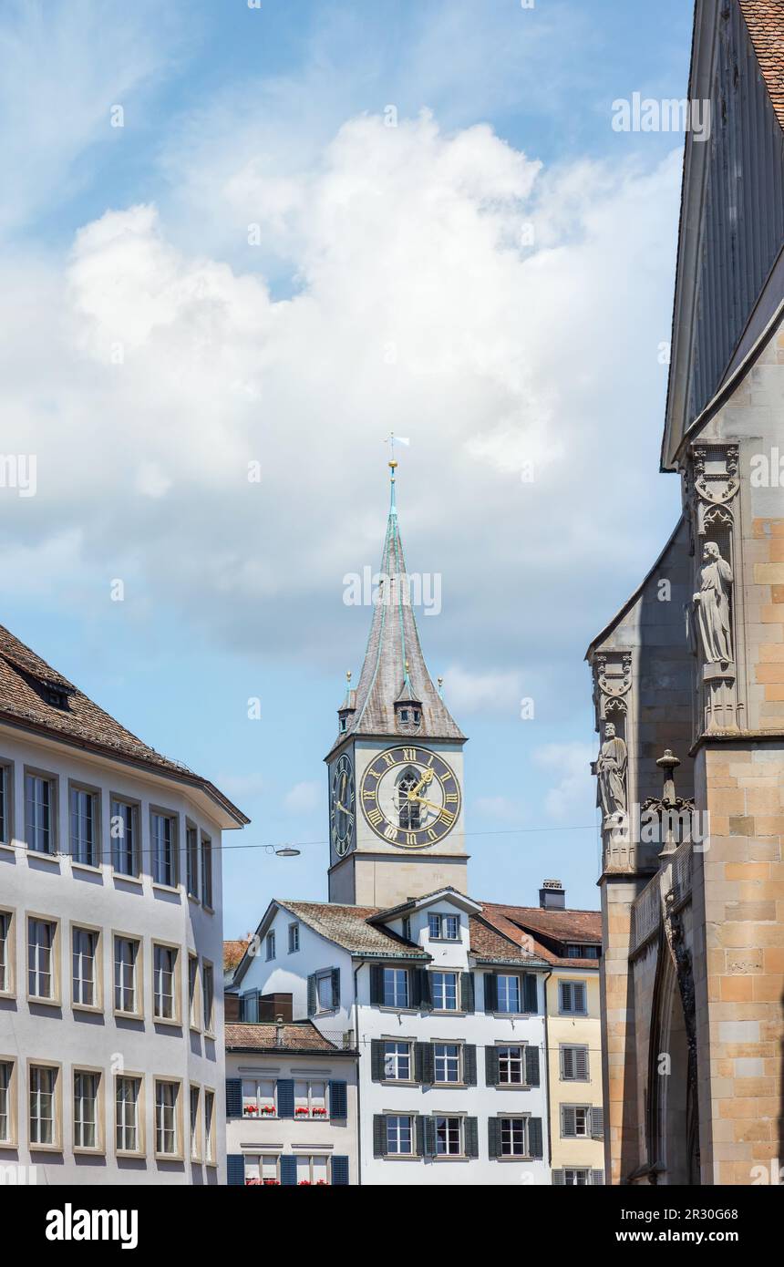 street in Zurich, clock tower, Switzerland Stock Photo Alamy