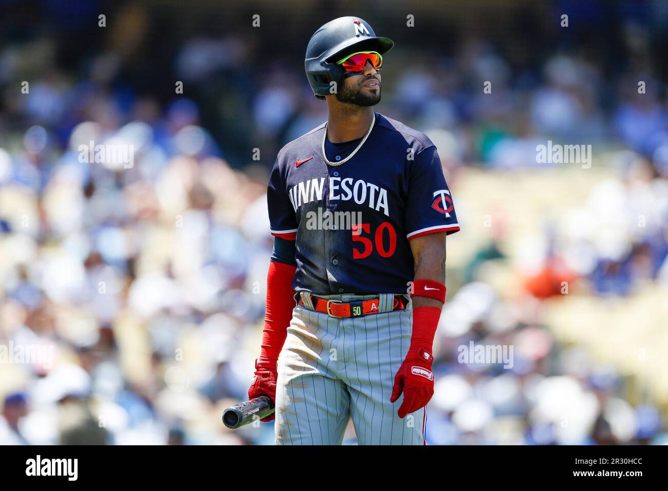 LOS ANGELES, CA - MAY 17: Minnesota Twins third basemen Willi Castro (50)  walks back to the dugout after an at bat during a regular season game  between the Minnesota Twins and