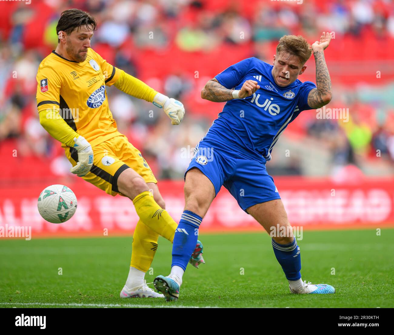 London, UK. 21st May, 2023. 21 May 2023 - Gateshead v FC Halifax Town - FA Trophy Final - Wembley Stadium FC Halifax Town's Jamie Cooke scores the winning goal during the FA Trophy Final at Wembey Stadium. Picture Credit: Mark Pain/Alamy Live News Stock Photo