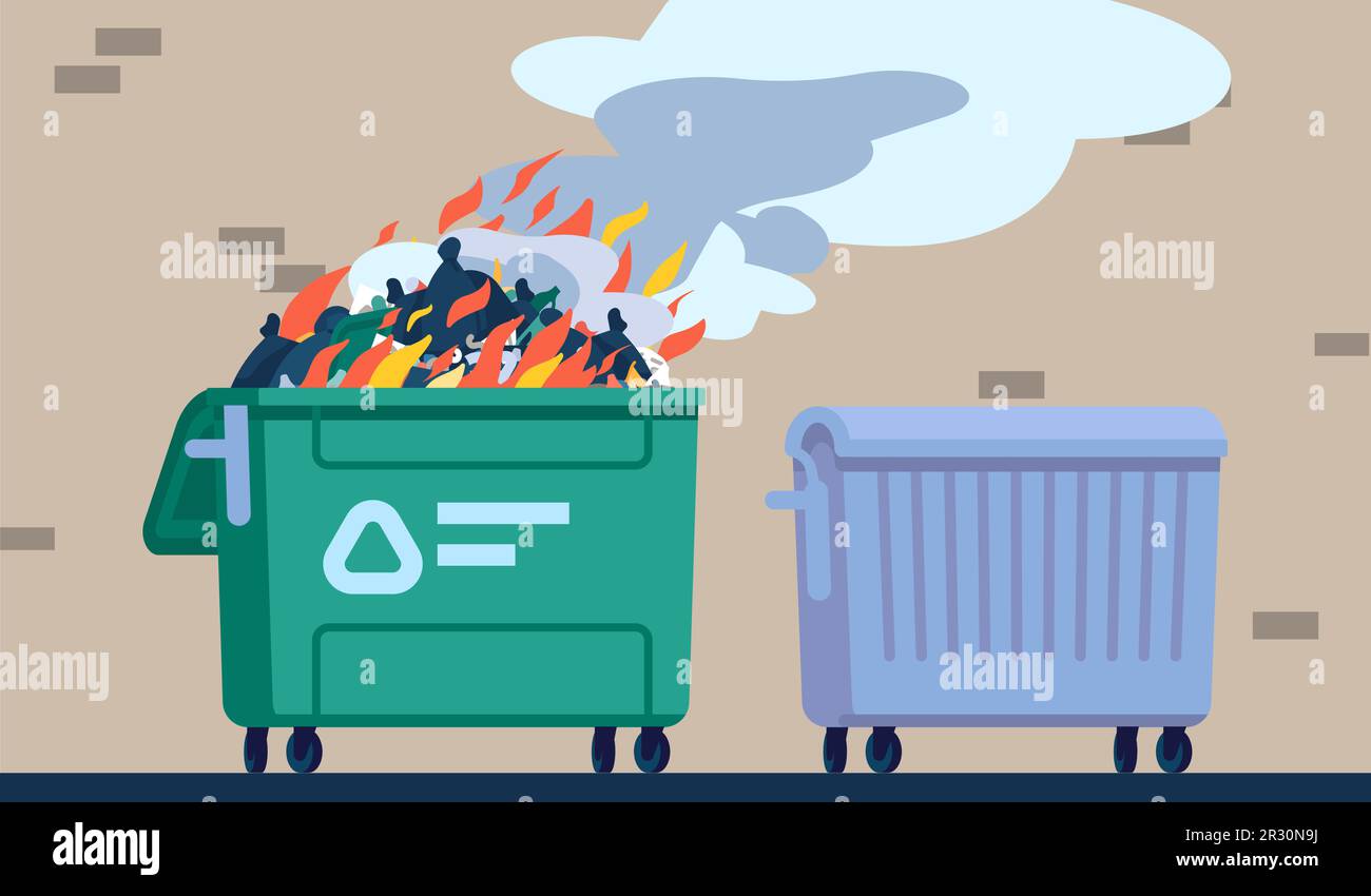 Burning garbage in trash can near wall of house. Improper waste