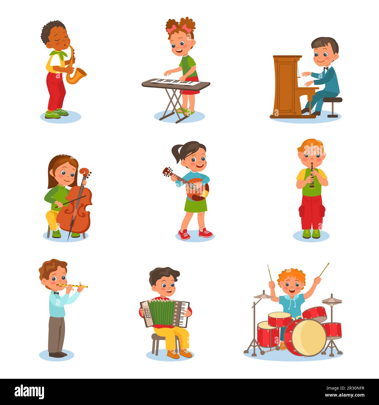 Kids play music instruments. Young artistic people. Orchestra concert