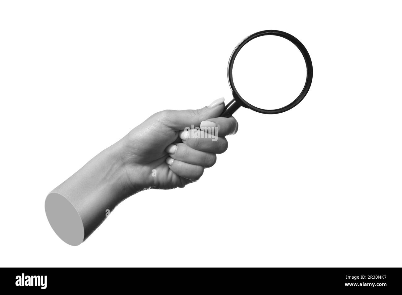A female hand holding a magnifying glass isolated on a white background. 3d trendy Stock Photo