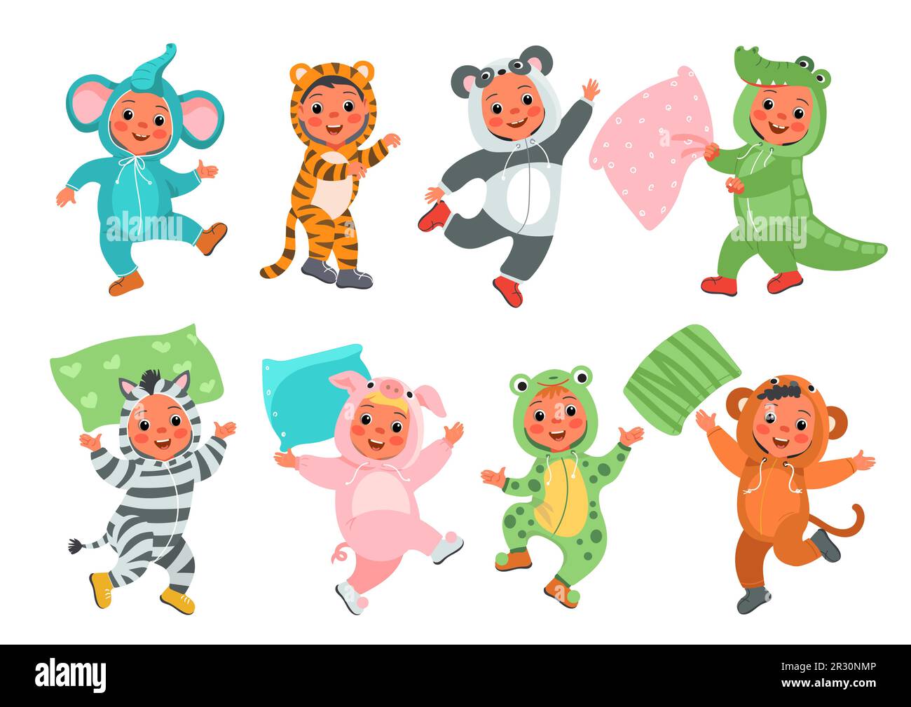 Kids animal pajamas. Funny children in cute nightwear. Sleepover party. Crocodile or elephant outfit. Panda and tiger kigurumi. Pillow fight. Happy Stock Vector