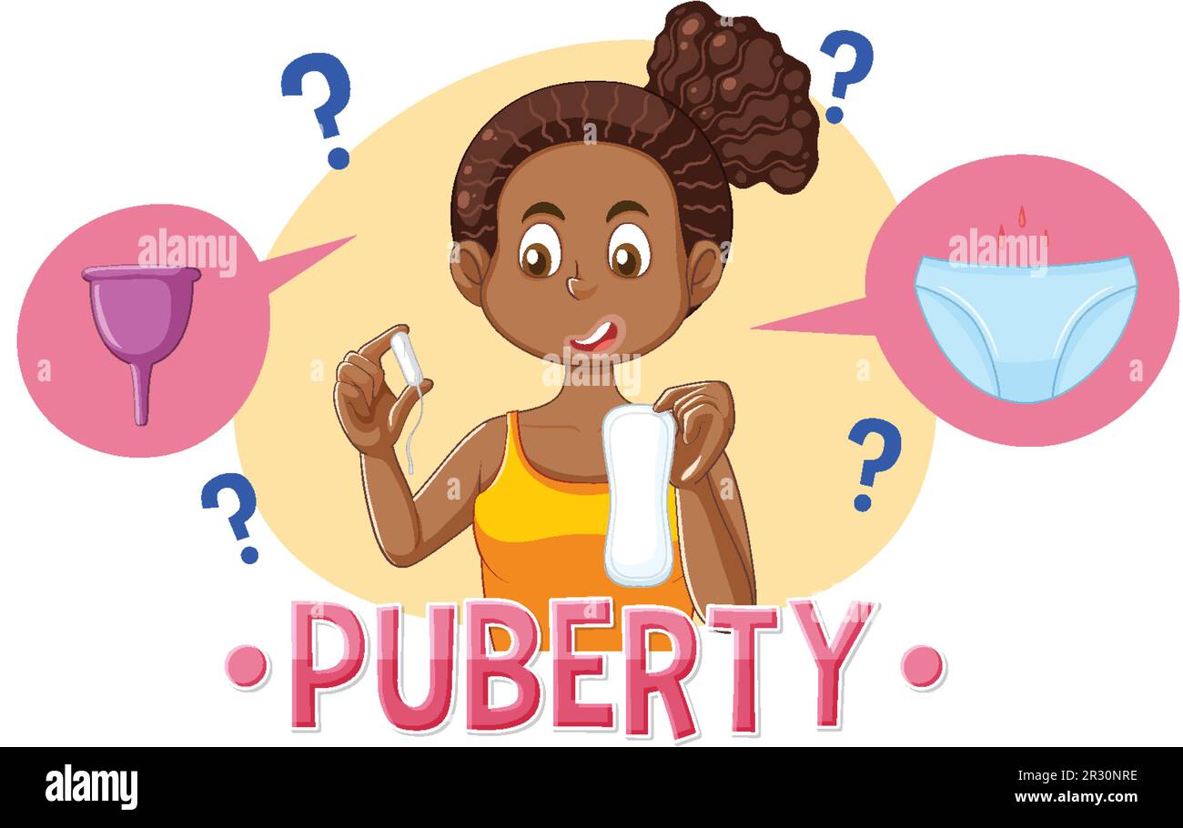 Puberty girl choosing between using a sanitary pad or a menstrual cup