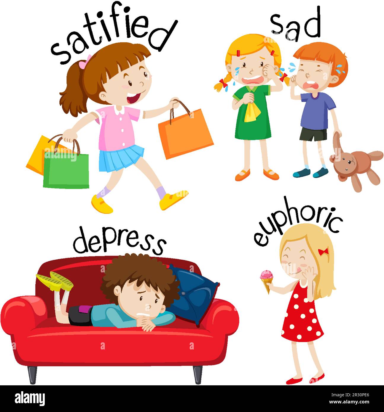 English vocabulary adjective word with cartoon characters illustration