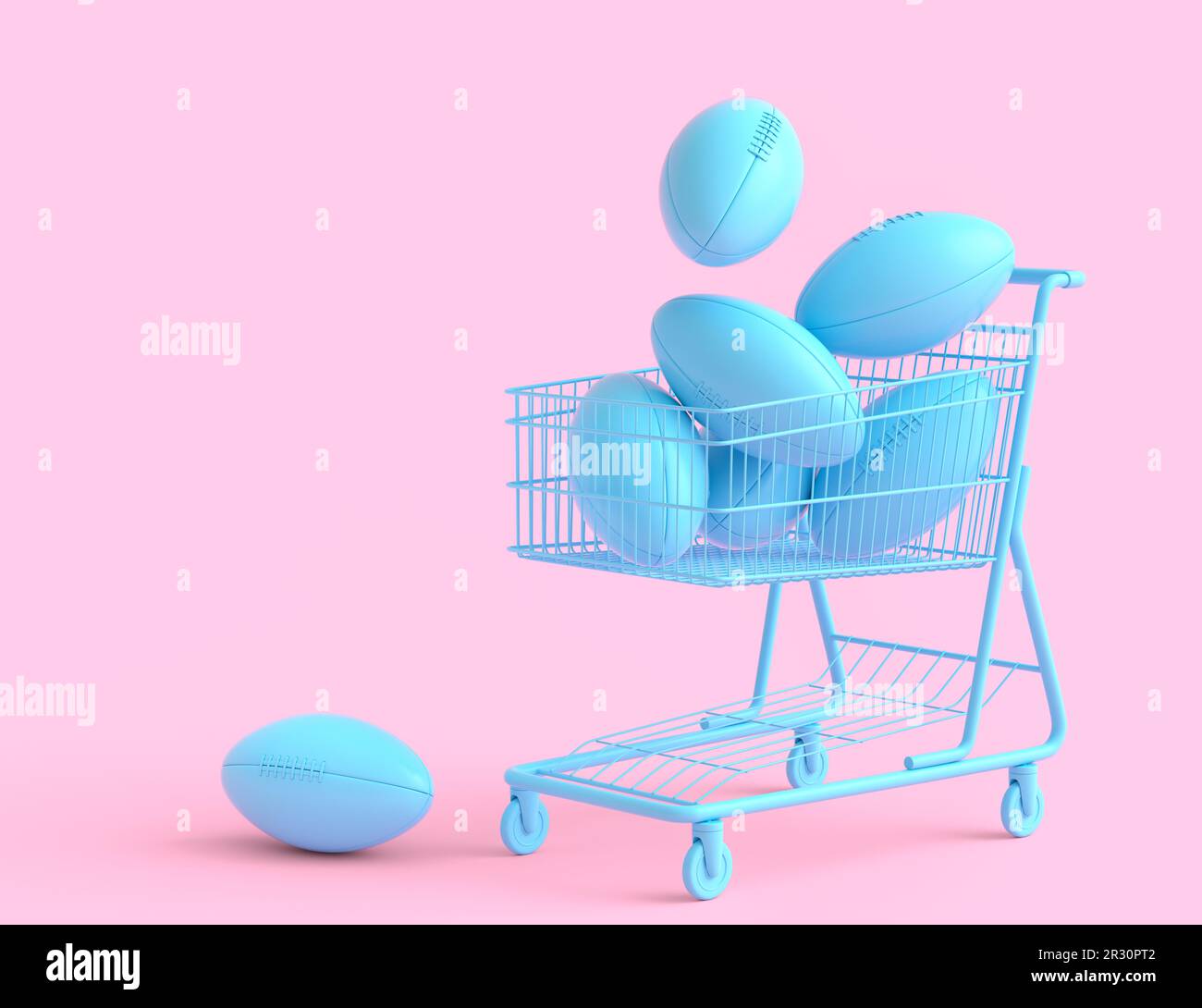 Set of ball like basketball, football and golf in shopping cart on