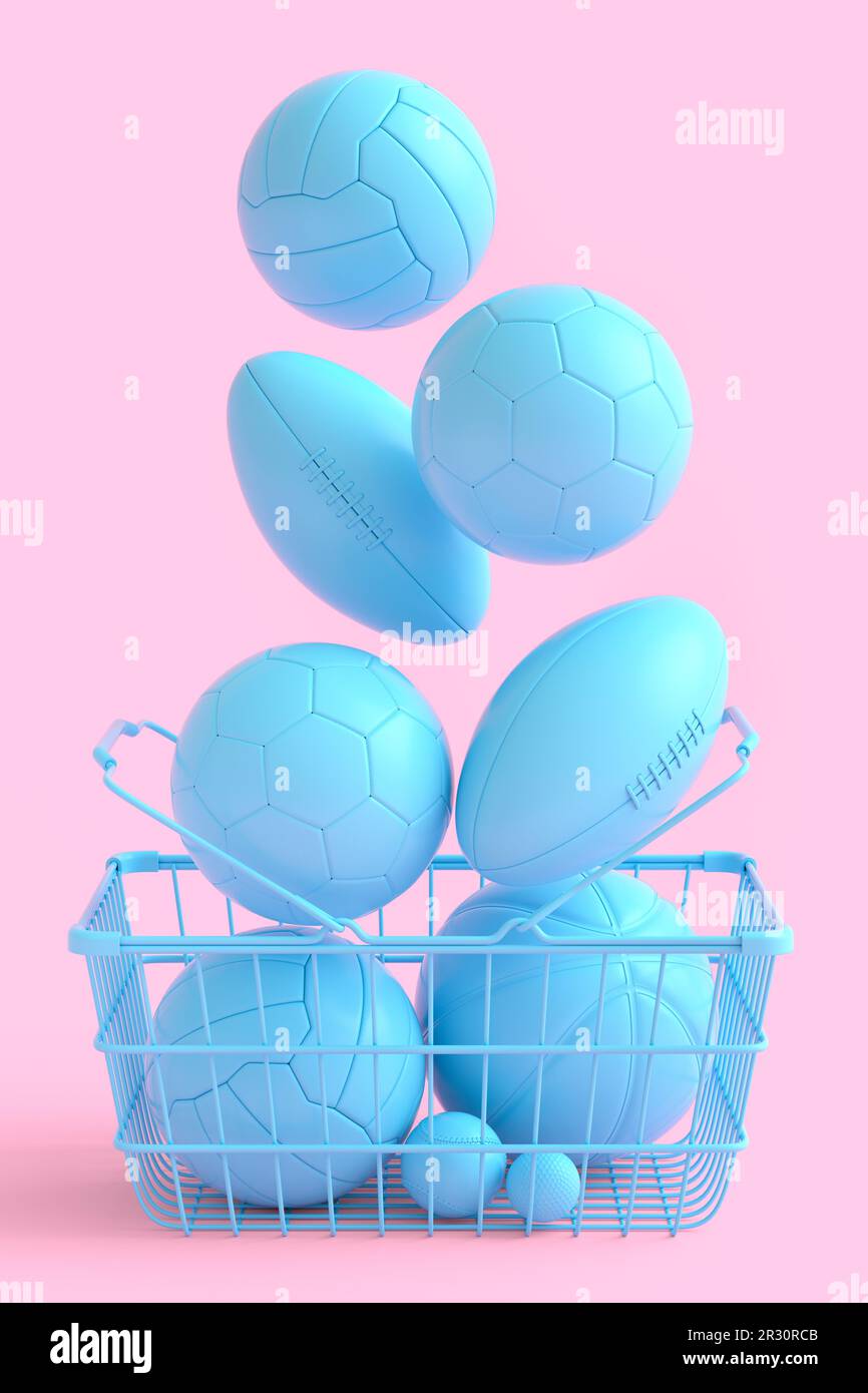 Set of ball like basketball, football and golf in shopping basket on