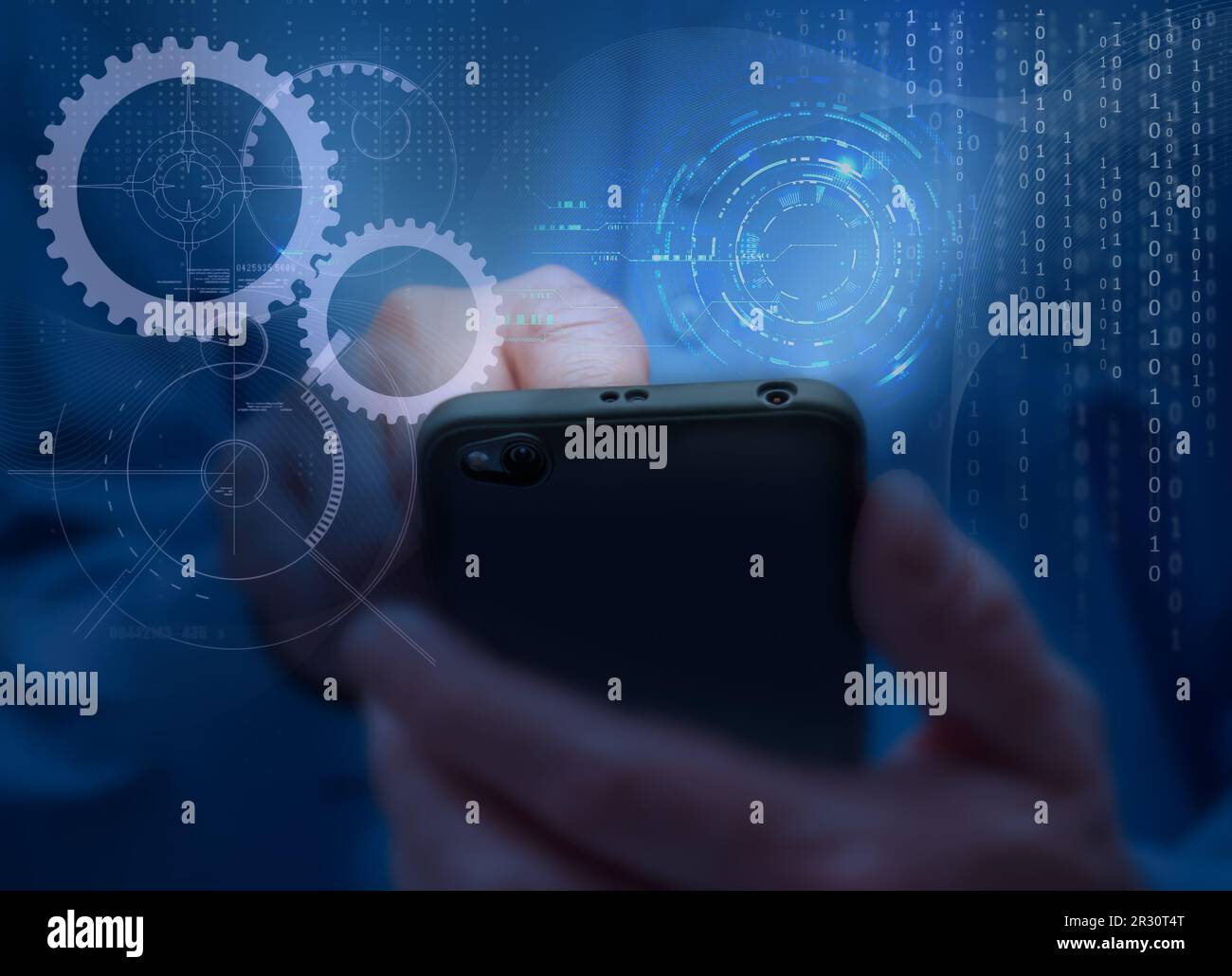 Man in blue shirt holds mobile phone. Symbols and icons of mobile ...