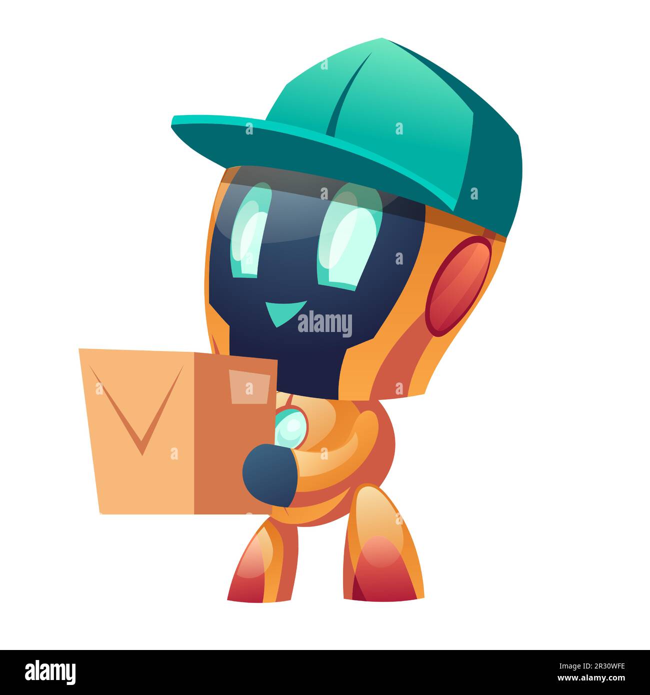 Delivery robot with post cardboard box. Technology of future. Vector cartoon character automaton courier deliver package of order, parcel. Cyborg with artificial intelligence for shipping Stock Vector
