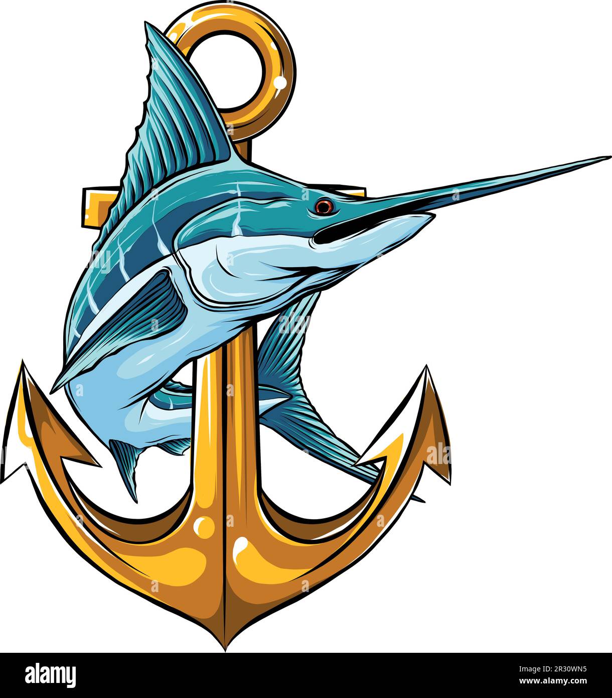 vector illustration of Marlin fish with anchor on white background