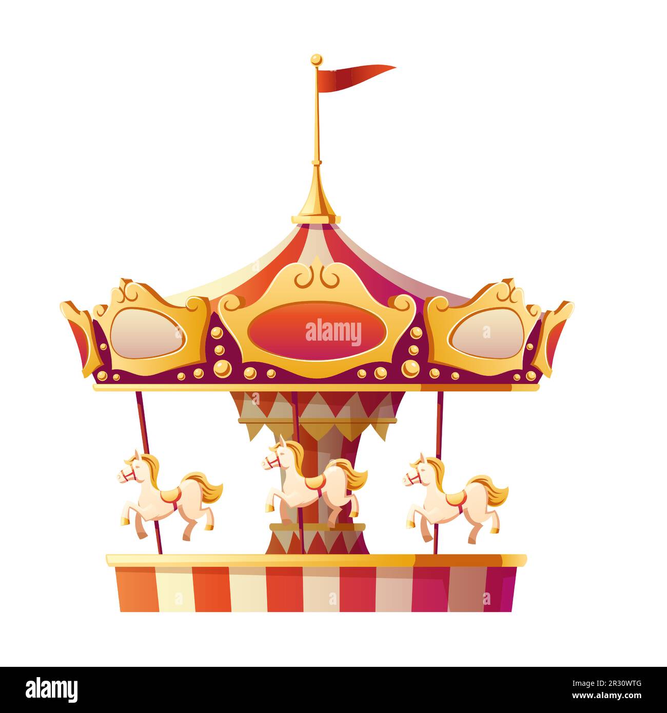 Carousel merry go round with horses isolated on white background. Amusement carnival park, fair entertainment and family recreation vintage object, party. Cartoon vector illustration, icon, clip art Stock Vector