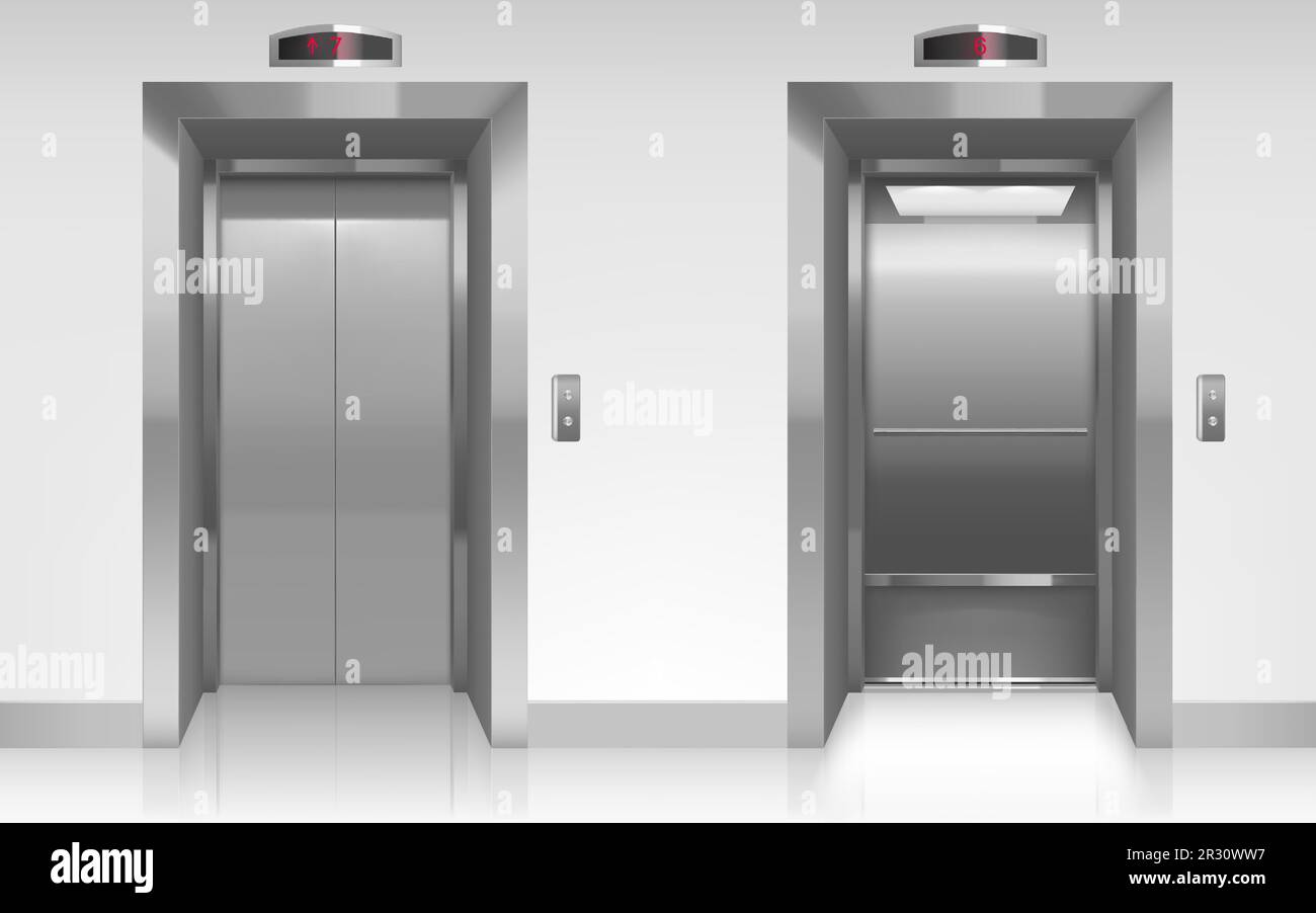 Open and closed elevator doors in office hallway. Vector realistic
