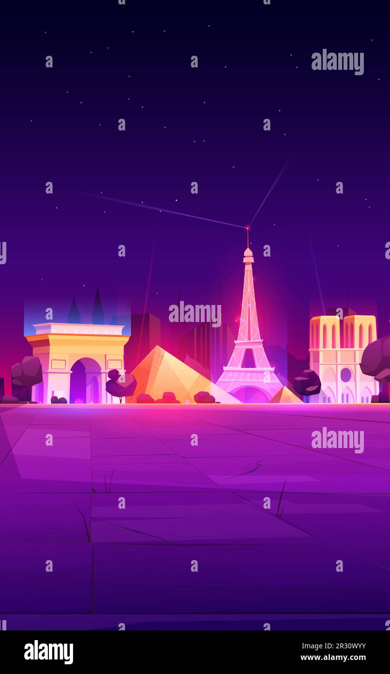 FEBRUARY 12, 2020. Vector cartoon nighttime illustration of Paris landmarks, Eiffel Tower, Louvre museum building, Notre Dame Cathedral, Triumphal Arch, France Stock Vector