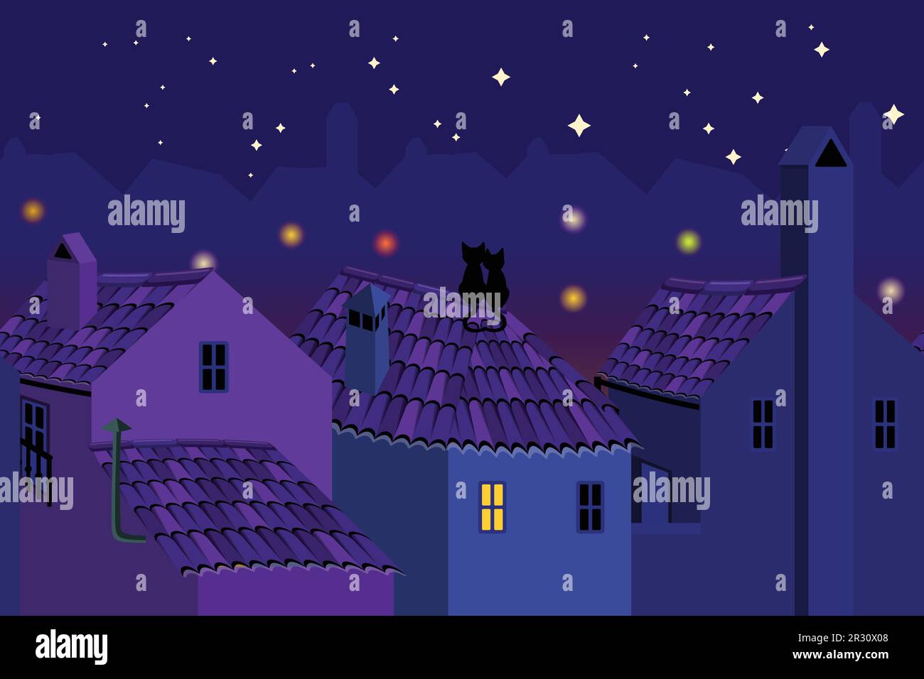 Couple of cats on the roof looking at the night city Stock Vector Image ...