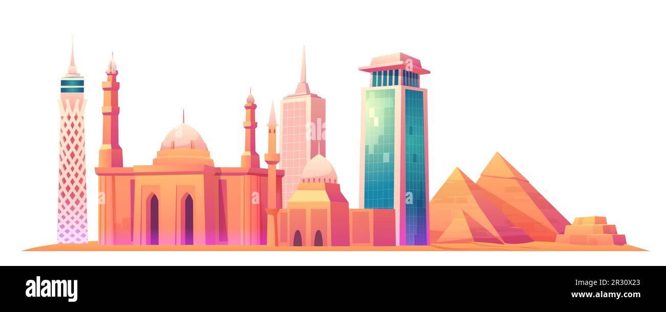 Vector cartoon illustration of Cairo Tower, Giza pyramid complex or Giza Necropolis, Mosque of Muhammad Ali Pasha or Alabaster Mosque, Egypt skyline with world famous landmark buildings Stock Vector