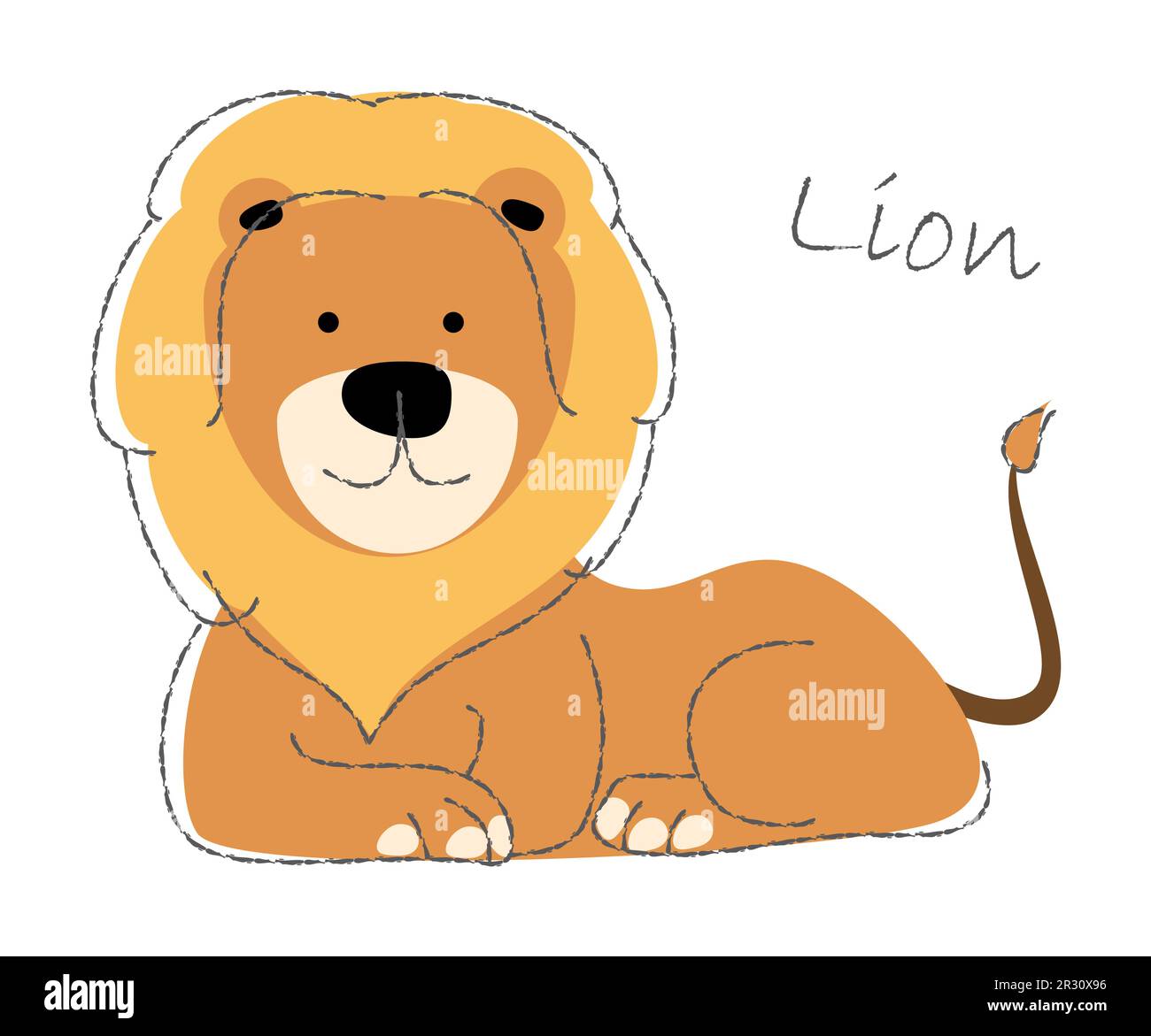 Lion . Cute animals cartoon characters . Flat shape and line stroke design . Vector illustration . Stock Vector