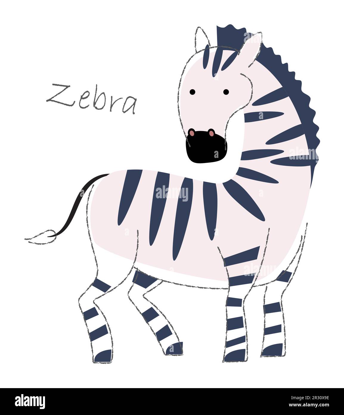 Zebra . Cute animals cartoon characters . Flat shape and line stroke design . Vector illustration . Stock Vector