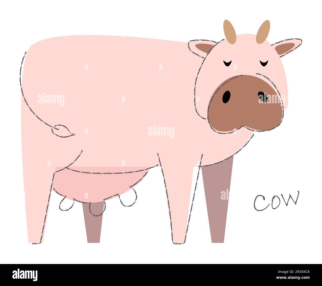 Cow . Cute animals cartoon characters . Flat shape and line stroke design . Vector illustration . Stock Vector
