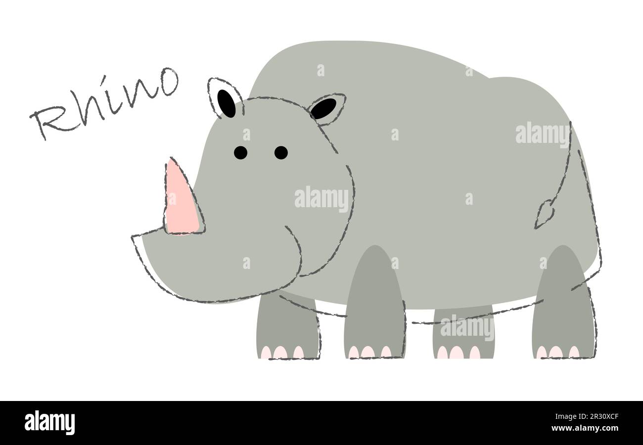 Rhinoceros . Cute animals cartoon characters . Flat shape and line stroke design . Vector illustration . Stock Vector