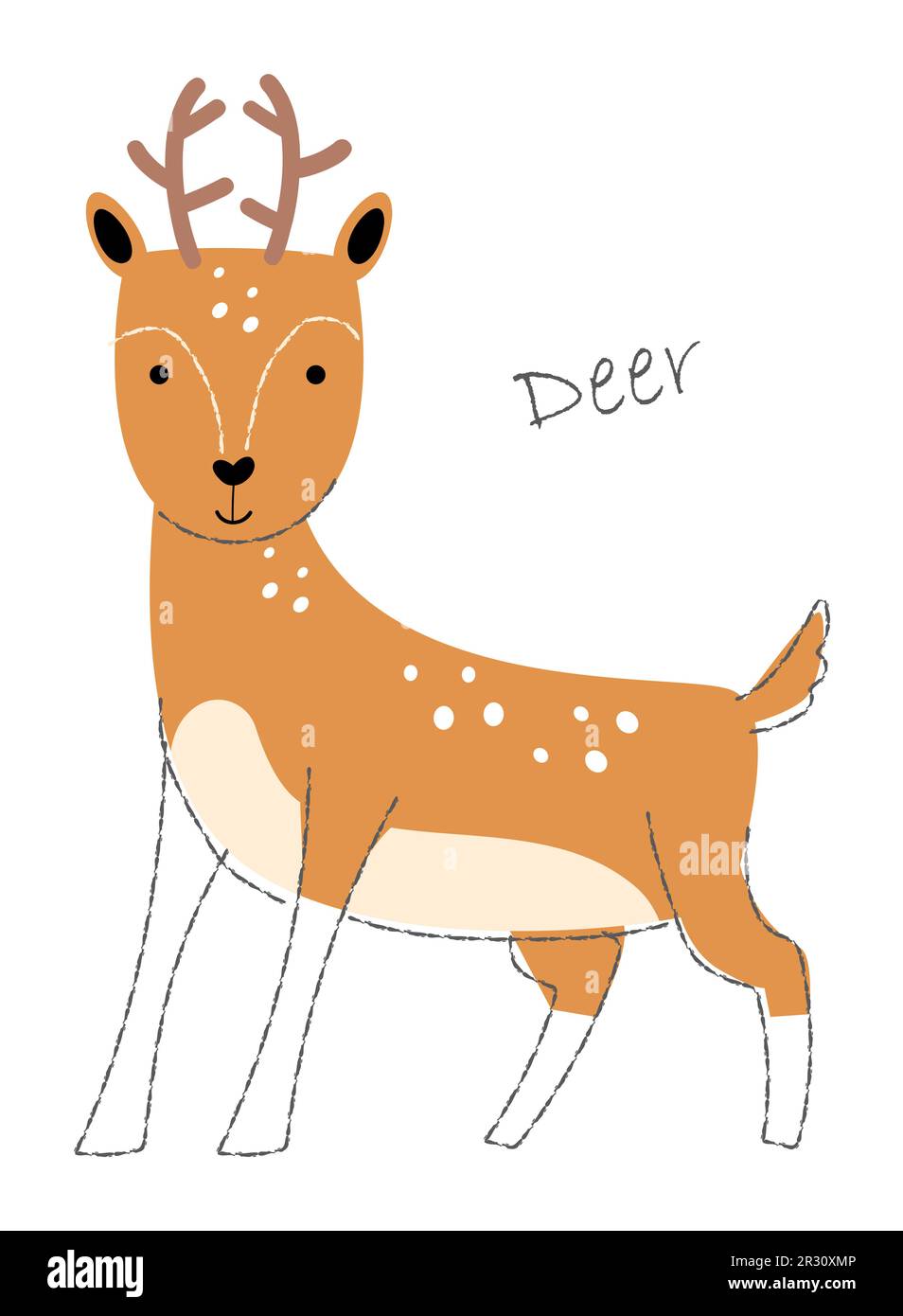 Deer . Cute animals cartoon characters . Flat shape and line stroke design . Vector illustration . Stock Vector
