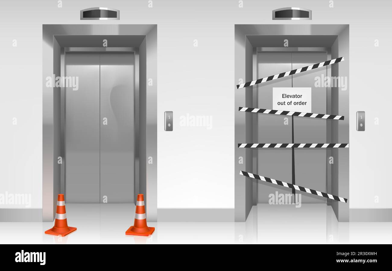 Out of order elevator with closed broken door, warning stripes and traffic cones in office or house hallway. Vector realistic illustration of modern lobby with not working lift Stock Vector