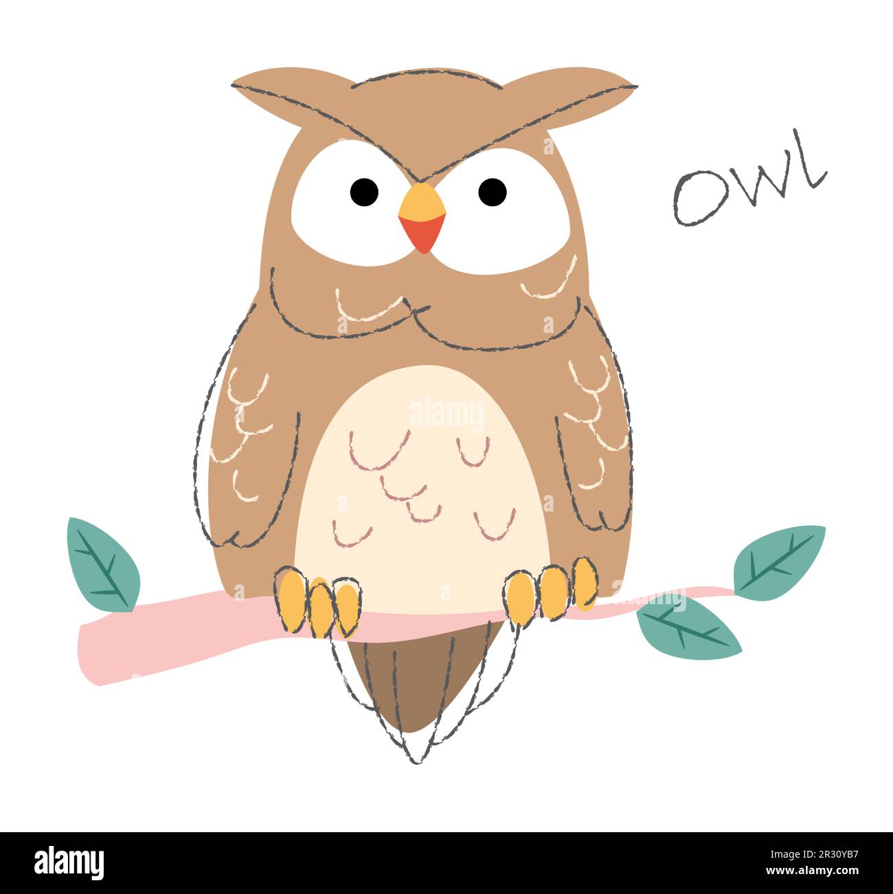 Owl bird . Cute animals cartoon characters . Flat shape and line stroke design . Vector illustration . Stock Vector