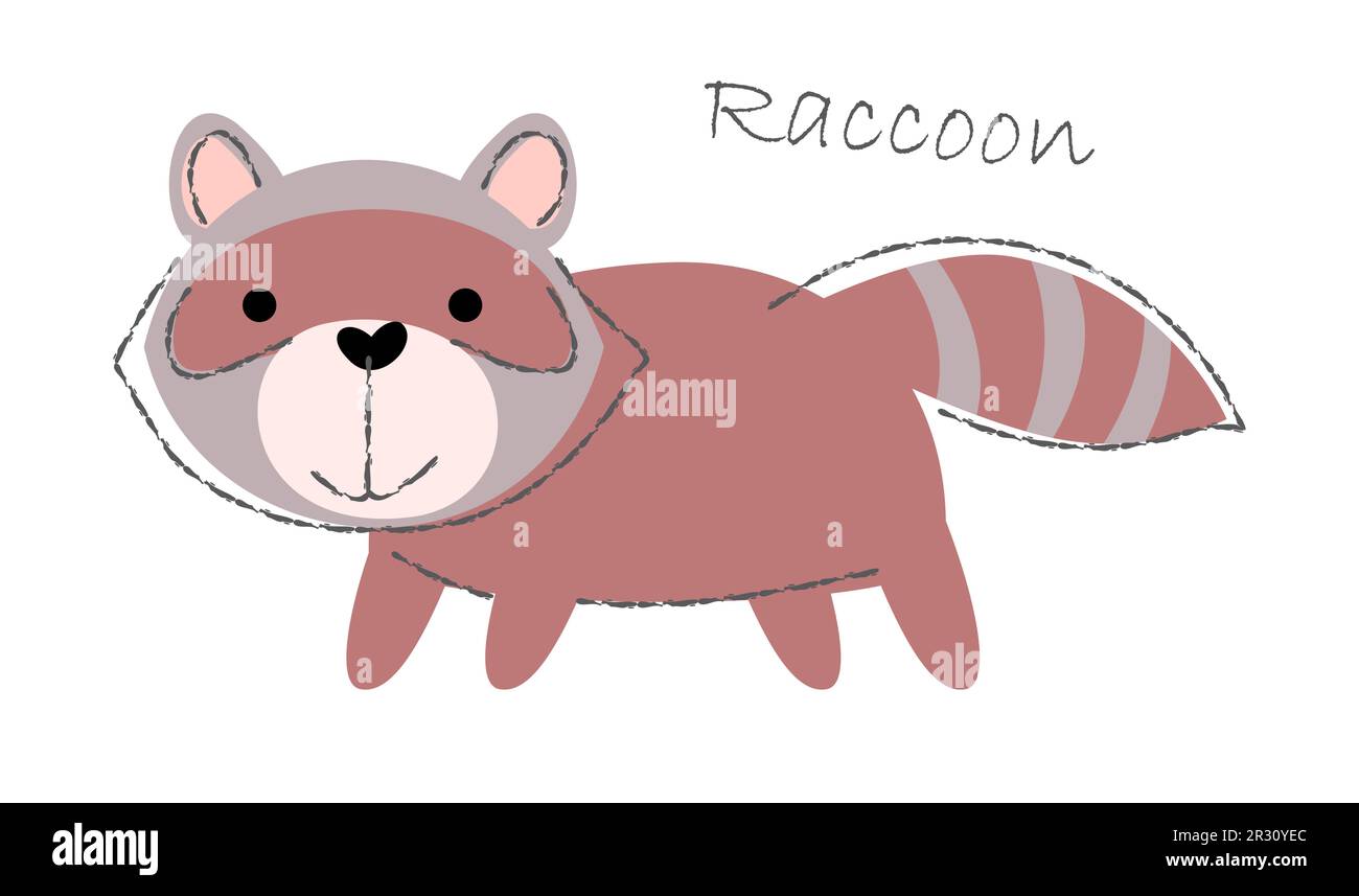 Raccoon . Cute animals cartoon characters . Flat shape and line stroke design . Vector illustration . Stock Vector
