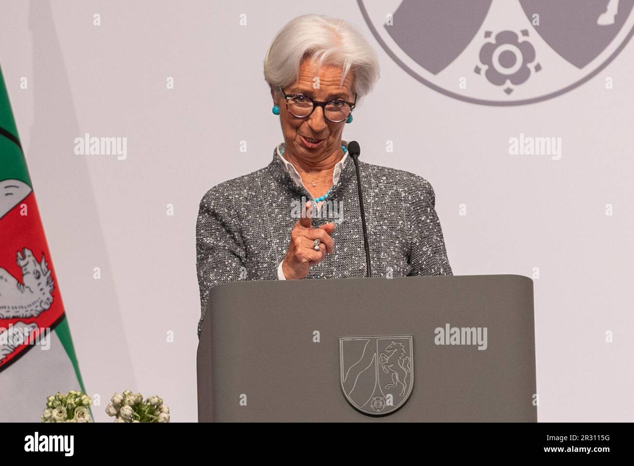 Cologne, Deutschland. 16th May, 2023. Christine LAGARDE, President of the European Central Bank, President of the ECB, holds the laudatory speech, Cologne, presentation of the State Prize of the State of North Rhine-Westphalia to former Federal Chancellor Dr. Angela Merkel, May 16, 2023, Flora Cologne. ? Credit: dpa/Alamy Live News Stock Photo