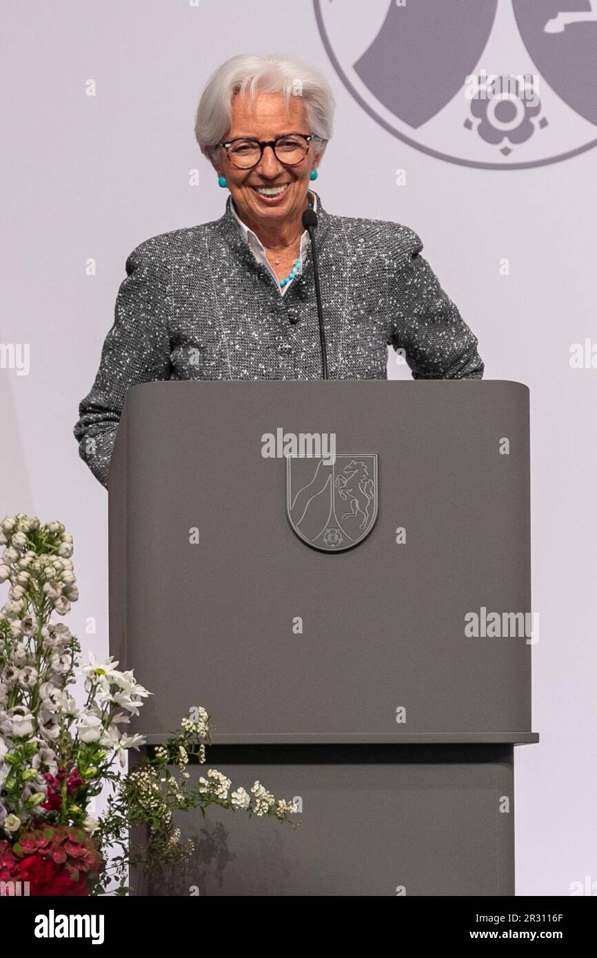 Cologne, Deutschland. 16th May, 2023. Christine LAGARDE, President of the European Central Bank, President of the ECB, holds the laudatory speech, Cologne, awarding of the State Prize of the State of North Rhine-Westphalia to former Federal Chancellor Dr. Angela Merkel, May 16, 2023, Flora Cologne. ? Credit: dpa/Alamy Live News Stock Photo