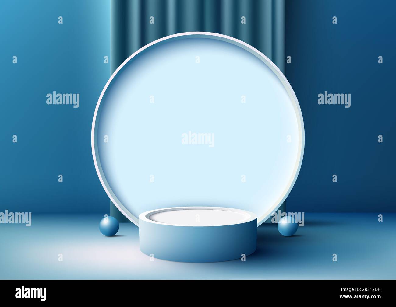 3D realistic modern style empty white podium stand with blue curtain ...