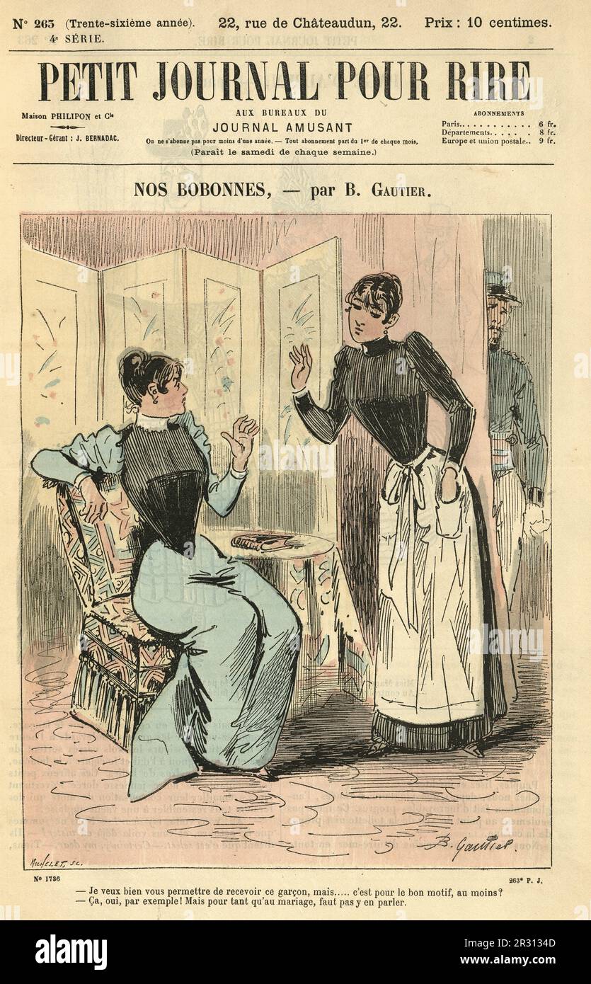 Vintage French cartoon, Lady's maid introducing a gentleman caller, Victorian illustration 19th Century. - Je veux bien vous permettre de recevoir ce garçon, mais… c'est pour le bon motif, au moins? - Ça, oui, par exemple! Mais pour tant qu'au mariage, faut pas y en parler. Stock Photo
