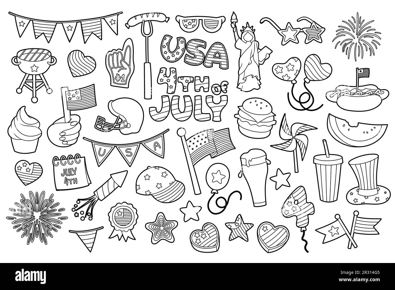 4th of July, Independence Day of United States of America celebration themed illustrations, hand drawn vector elements and objects. black and white. Stock Vector