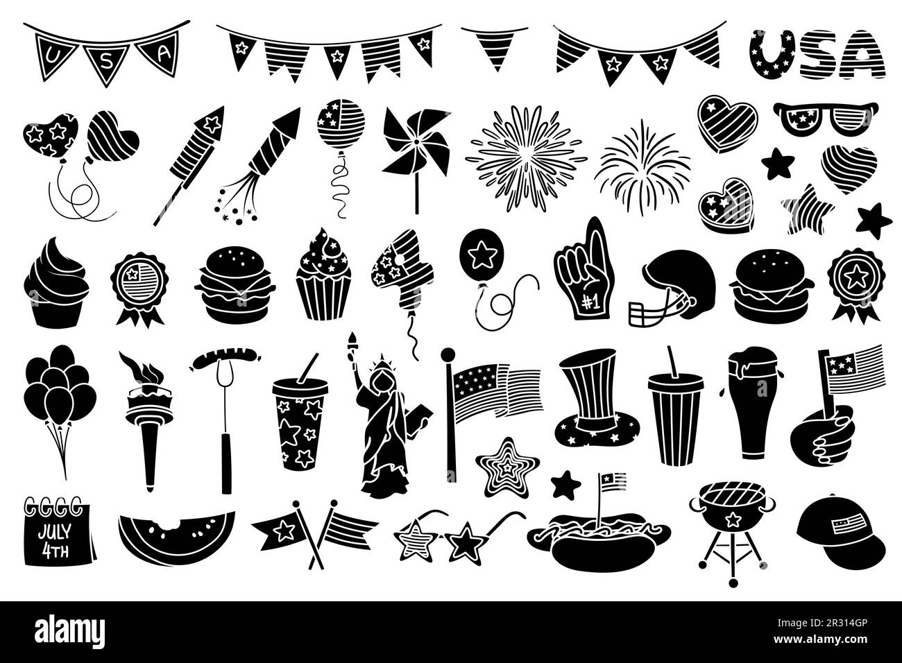 4th of July, Independence Day of United States of America celebration themed illustrations, hand drawn vector elements and objects. Black icon style. Stock Vector