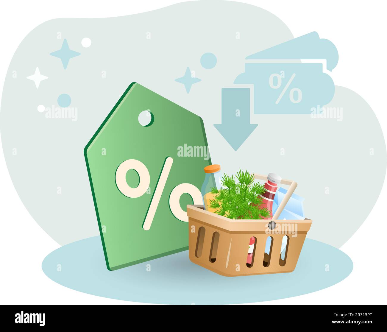Sale illustration. Basket, products, percent, label. Editable vector