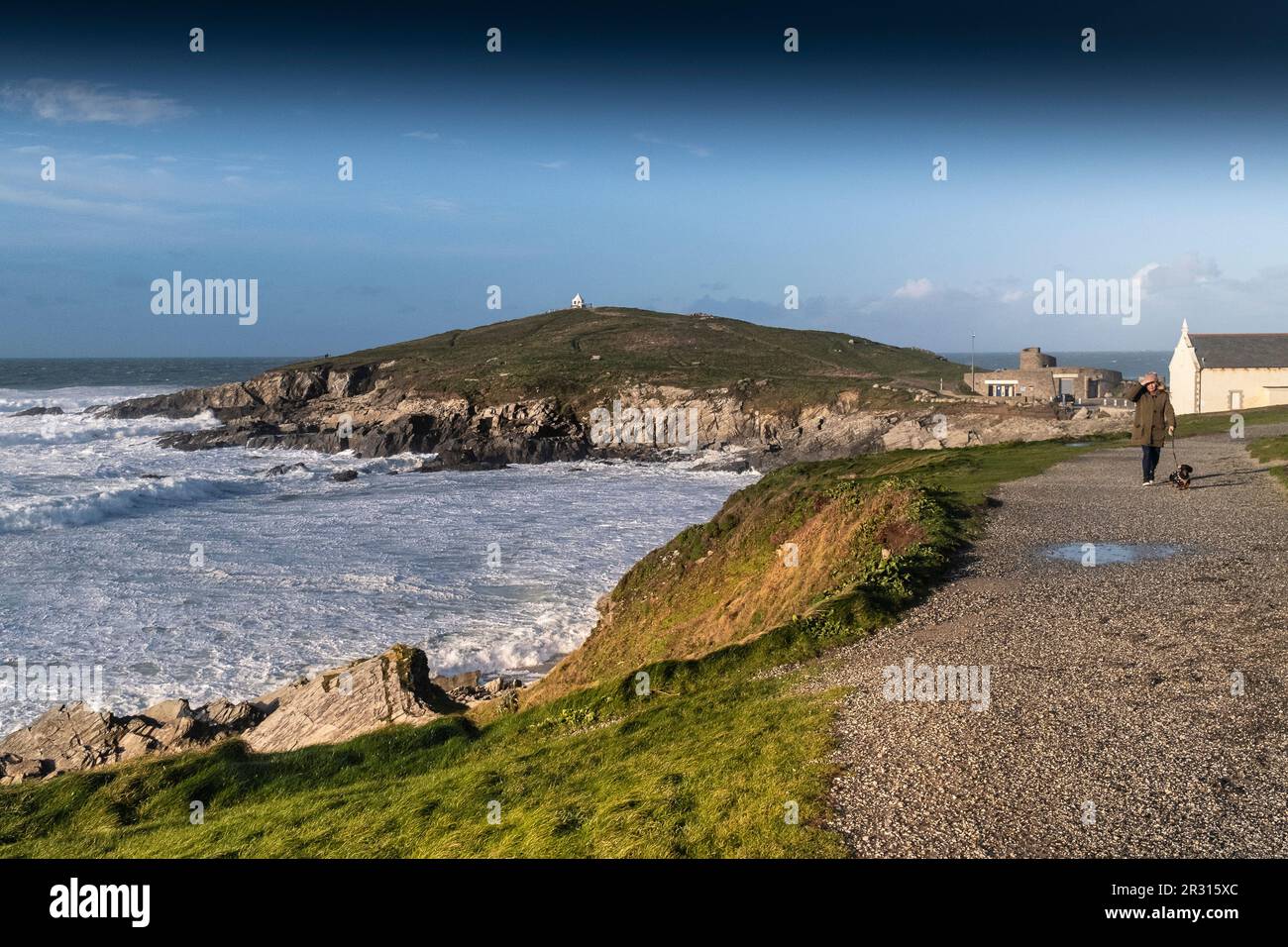 UK weather. Rough sea at Little Fistral Towan Head on the coast of Newquay in Cornwall in England in the UK. Stock Photo