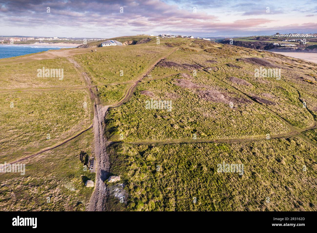 An aerial view of footpaths on the windswept and rugged The Warren on ...