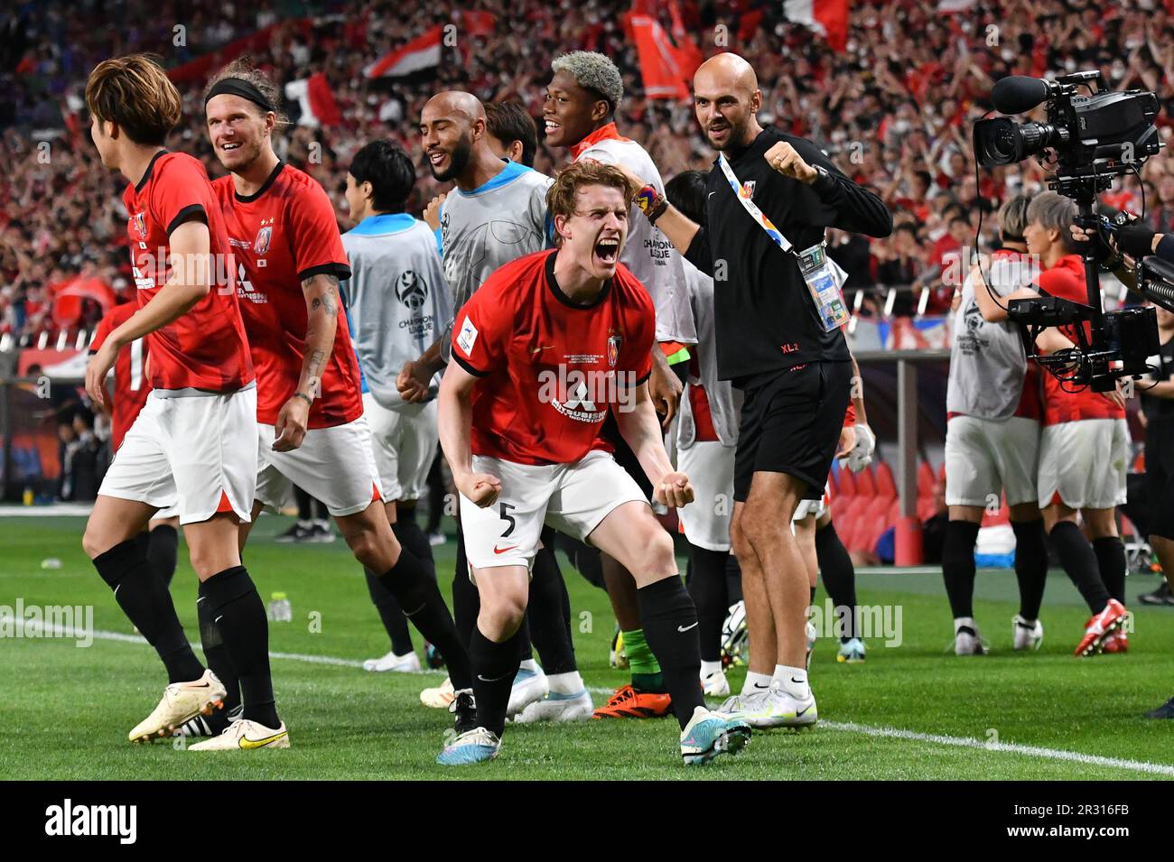 Urawa Reds' Marius Hoibraten, center, and teammates celebrate after Al-Hilal's Andre Carrillo (not pictured) scored an own goal during the AFC Champions League Final Second leg match between Urawa Red Diamonds 1-0 Al-Hilal at Saitama Stadium 2002 in Saitama, Japan, May 6, 2023. (Photo by AFLO) Stock Photo