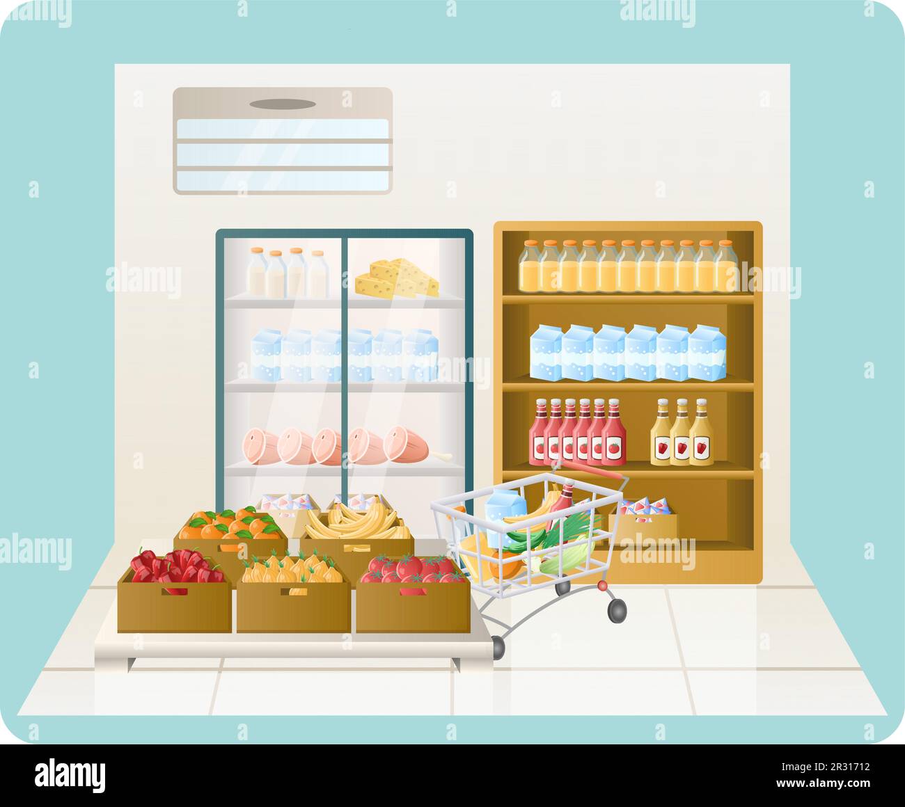 Supermarket illustration. Shelf, fruits, vegetables, trolley, fridge