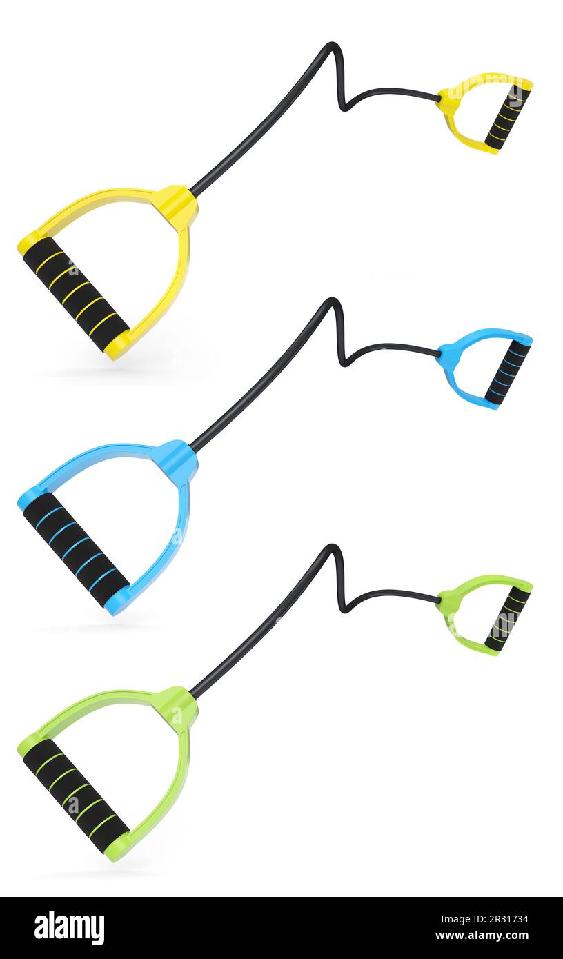 Set of hand expanders or resistance band with rubber handle isolated on